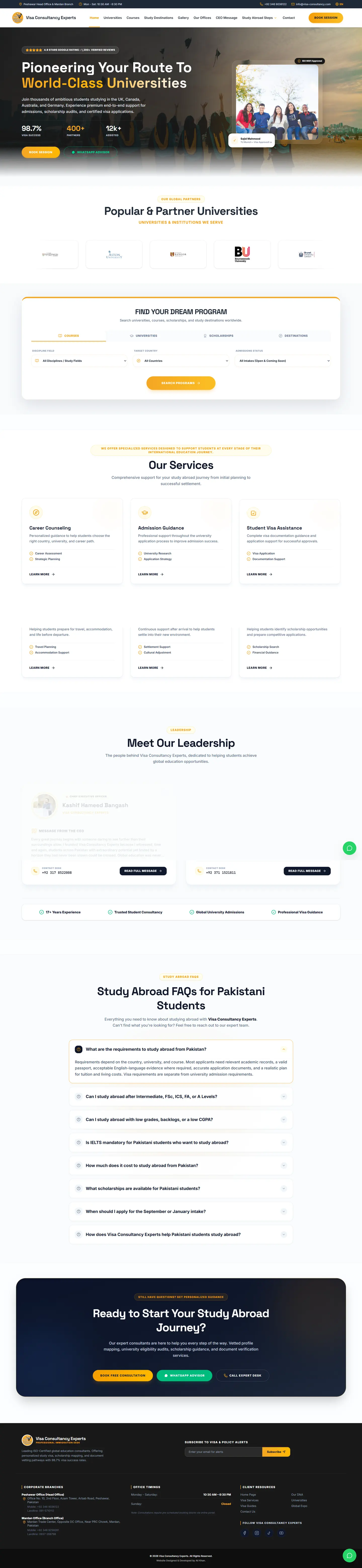 Full home page of visa-consultancy.com, from the hero down through partner universities, services, FAQs and footer