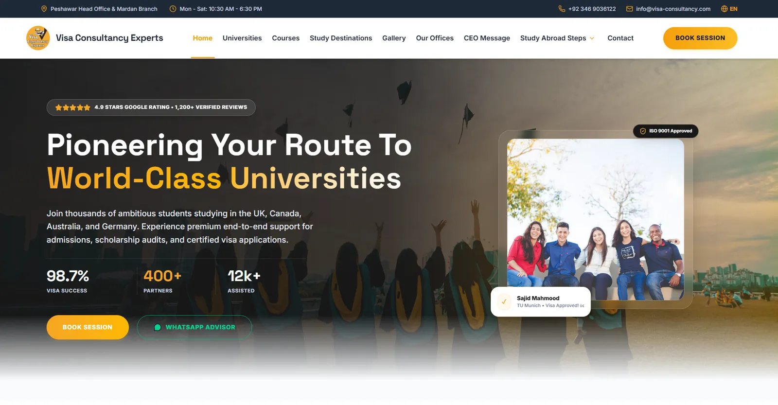 Hero section with student success stats, booking button and WhatsApp advisor button