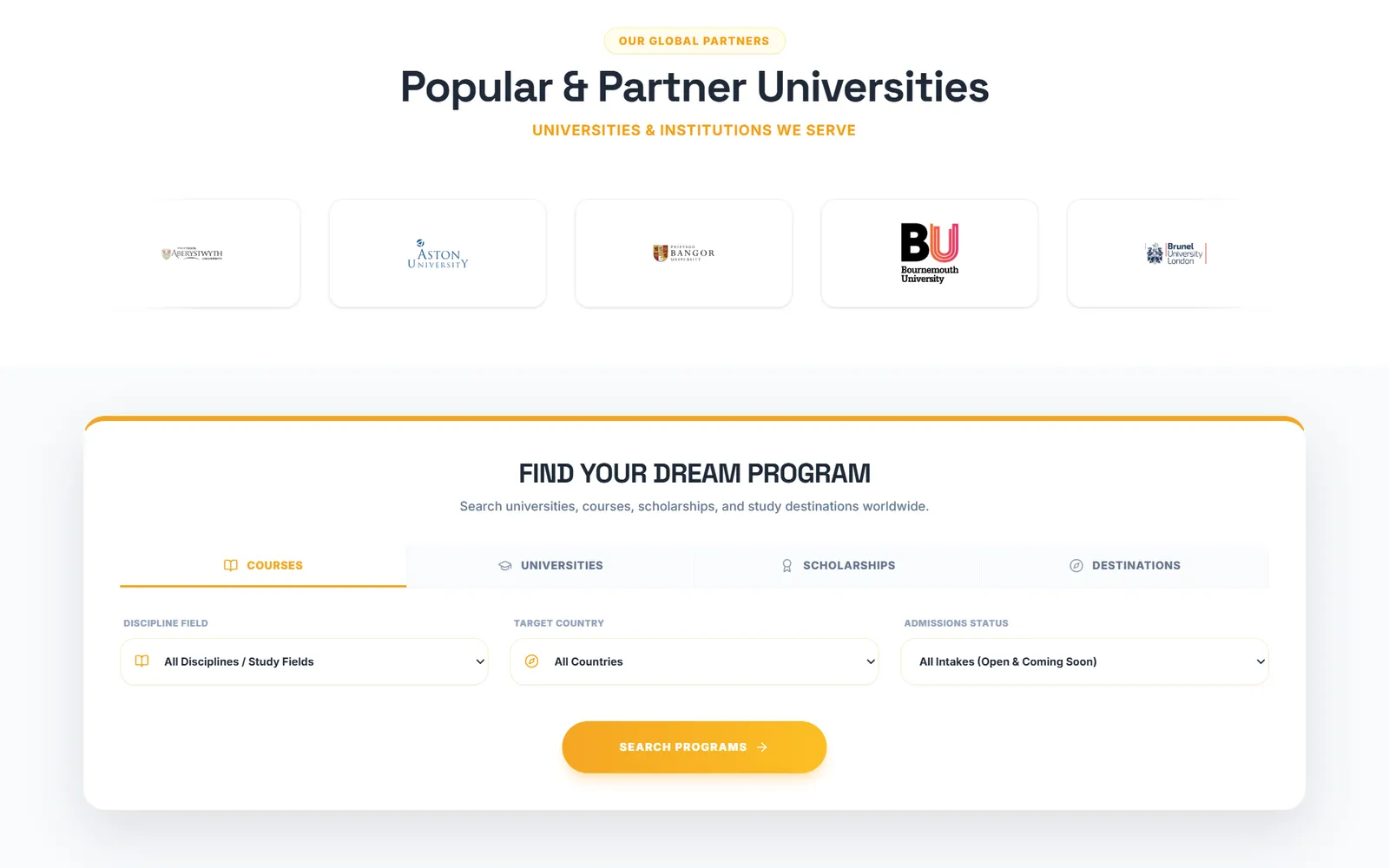 Partner universities strip and the “Find your dream program” search for courses, universities, scholarships and destinations