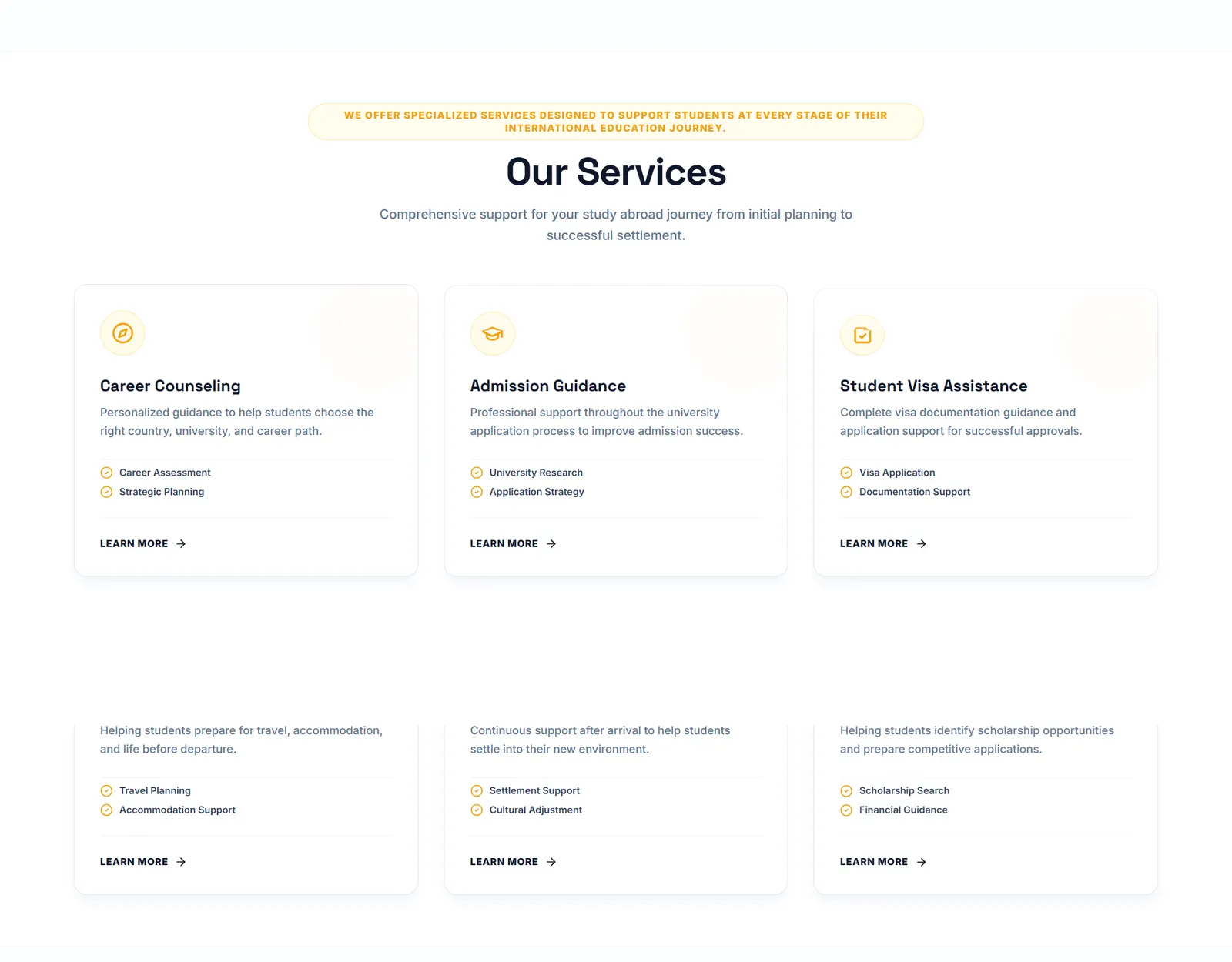 Our Services section with cards for career counselling, admission guidance and student visa assistance