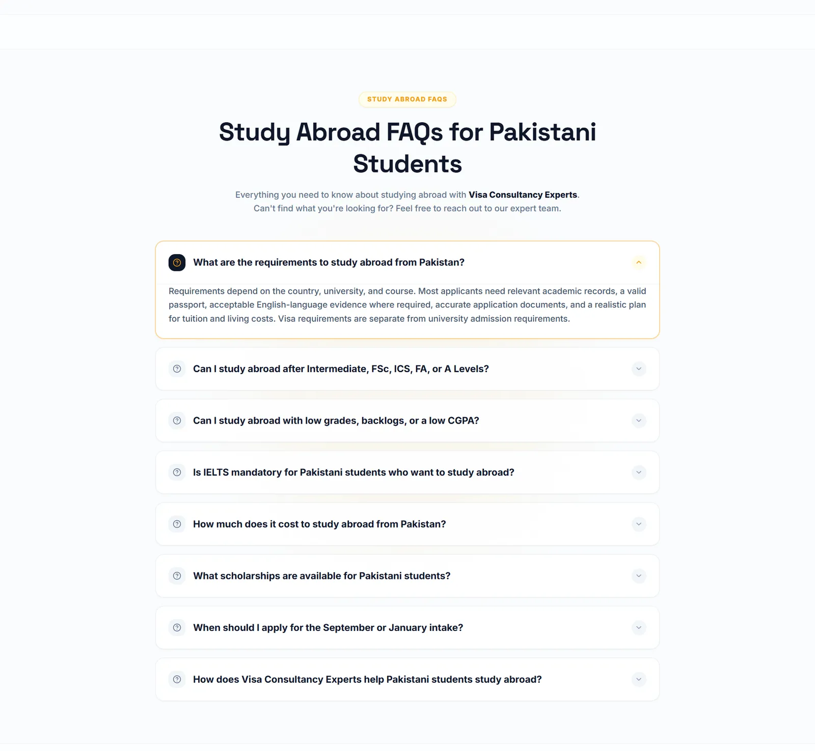 Study abroad FAQs for Pakistani students in an open-and-close accordion